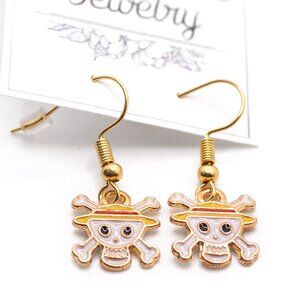 Handmade Goldtone Enamel Anime One Piece Straw Hat Pirates Skull Earrings, New